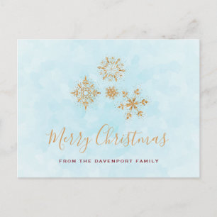 Golden Snowflake Crystals on Frosty Blue Back Postcard