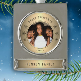 Golden Snowflake Metallic Family Photo Christmas Silver Plated Banner Ornament