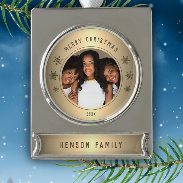 Golden Snowflake Metallic Family Photo Christmas Silver Plated Banner Ornament (Creator Uploaded)