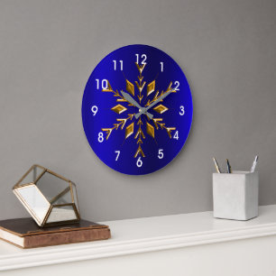 Golden Snowflake on Blue Christmas Large Clock