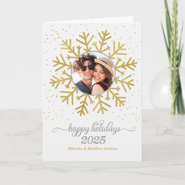 Golden Snowflake on White with Photo Christmas Holiday Card (Front)