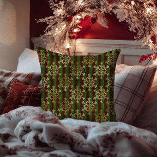 Golden Snowflake Red Green Stripe Christmas Cushion