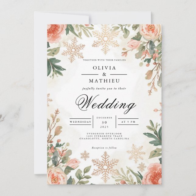 Golden Snowflake Winter Bloom Wedding Invitation (Front)