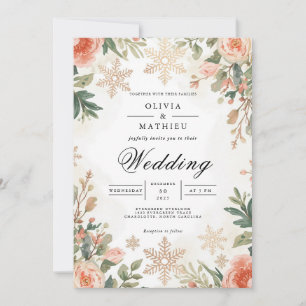 Golden Snowflake Winter Bloom Wedding Invitation