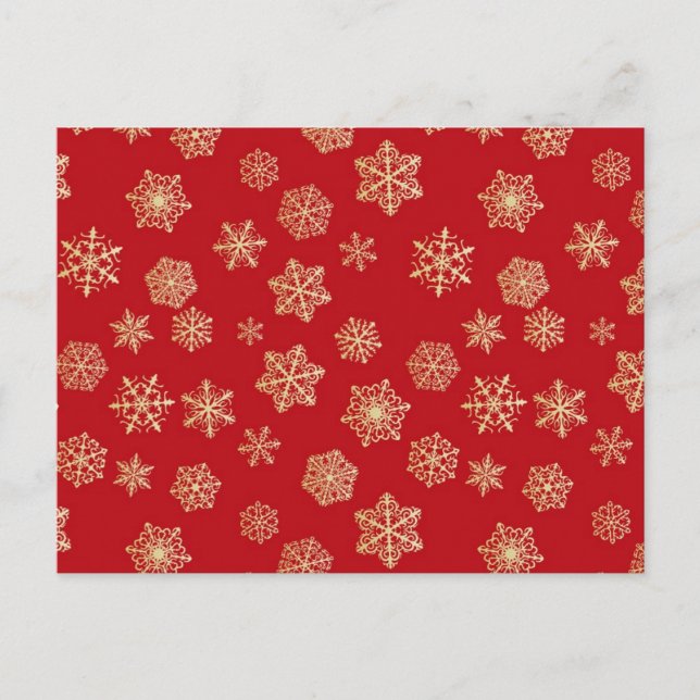 Golden snowflakes against deep red postcard (Front)