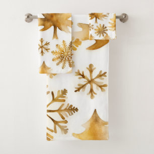 Golden Snowflakes and Gold Holiday Trees Bath Towel Set