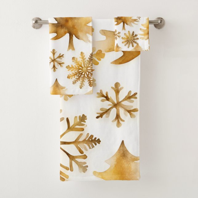 Golden Snowflakes and Gold Holiday Trees  Bath Towel Set (Insitu)