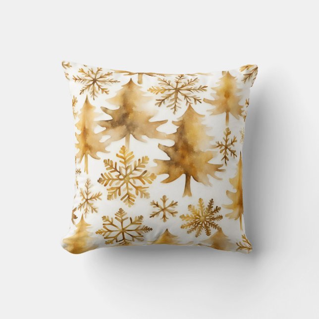 Golden  Snowflakes and Gold  Holiday Trees  Cushion (Front)