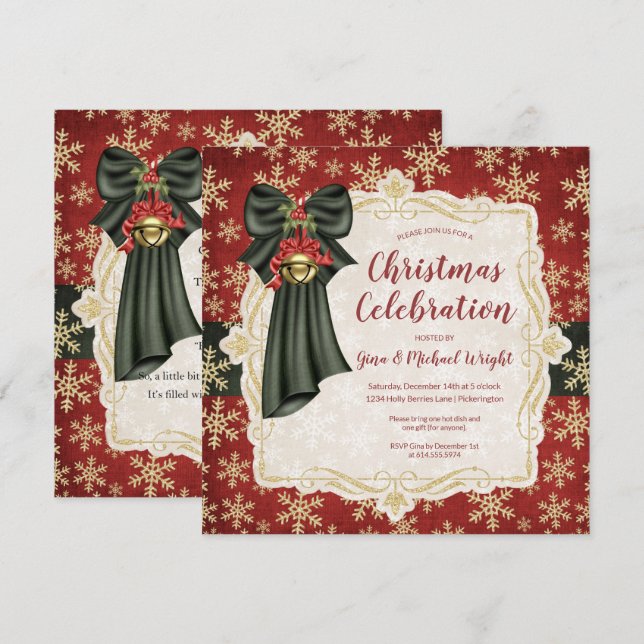 Golden Snowflakes Christmas Poem Party Invitation (Front/Back)