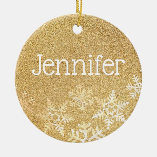 Golden Snowflakes Custom Name Ceramic Ornament (Front)