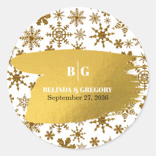 Golden Snowflakes Festive Christmas Wedding Classic Round Sticker