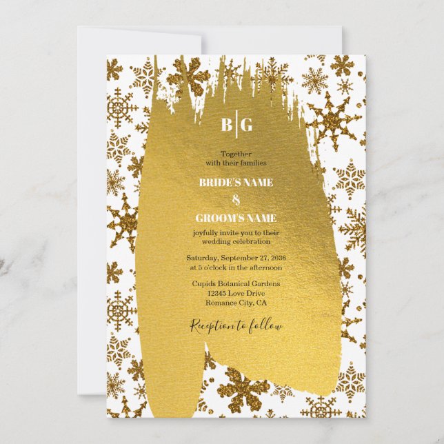 Golden Snowflakes Festive Christmas Wedding Invitation (Front)