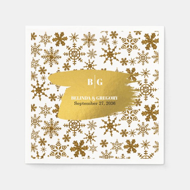 Golden Snowflakes Festive Christmas Wedding Napkin (Front)