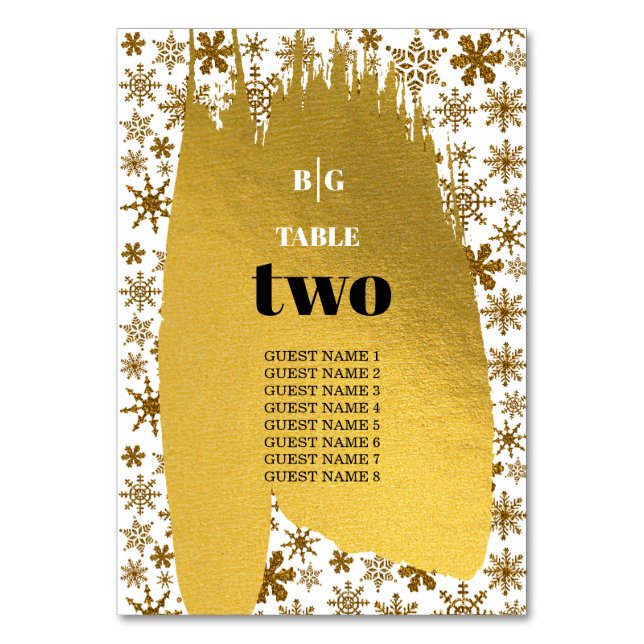 Golden Snowflakes Festive Christmas Wedding  Table Number (Front)