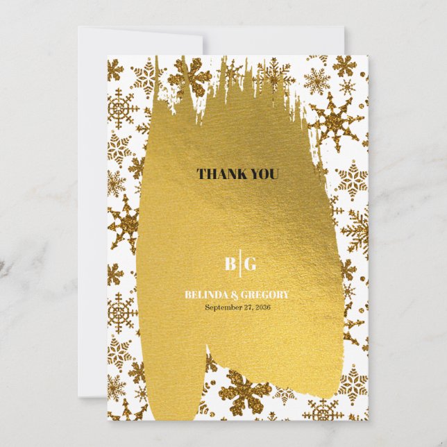 Golden Snowflakes Festive Christmas Wedding Thank You Card (Front)