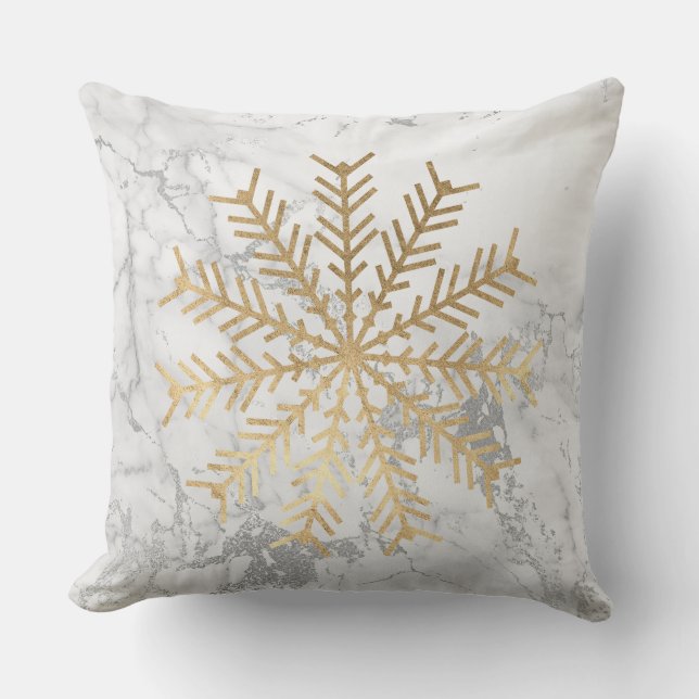 Golden Snowflakes Grey Silver White Marble Cushion (Front)