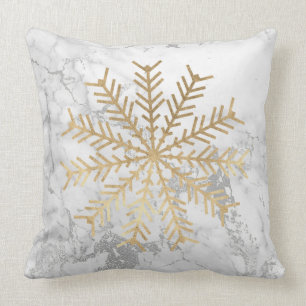Golden Snowflakes Grey Silver White Marble Cushion