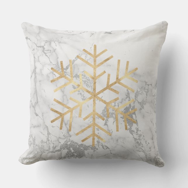 Golden Snowflakes Grey Silver White Marble Cushion (Front)