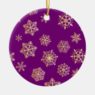 Golden snowflakes on a purple background ceramic tree decoration