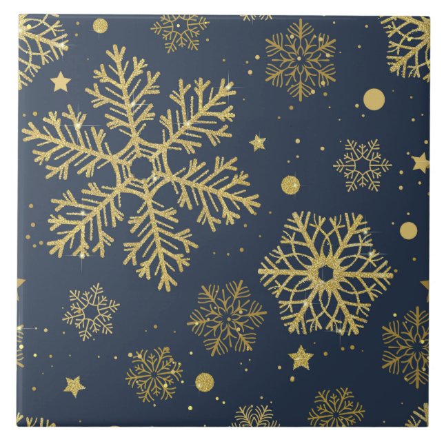 Golden snowflakes on navy ceramic tile (Front)