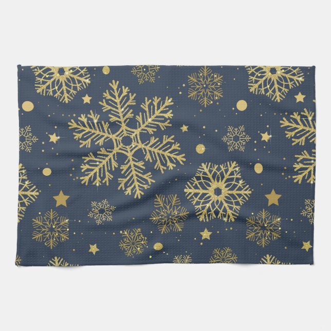 Golden snowflakes on navy tea towel (Horizontal)