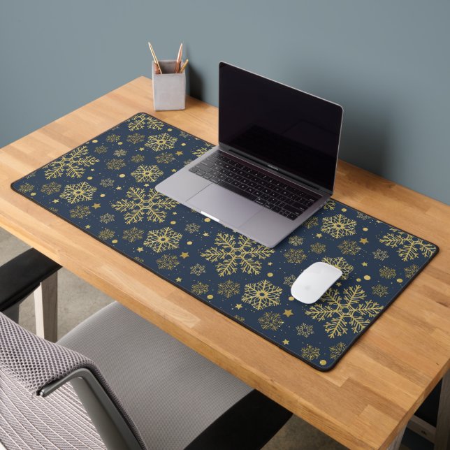 Golden snowflakes on navy wrapping paper desk mat (Office 2)