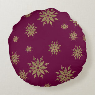 Golden snowflakes on red background round cushion