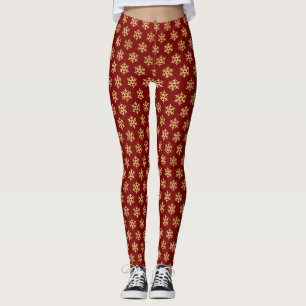 Golden Snowflakes on Red - Classic Christmas (4) Leggings