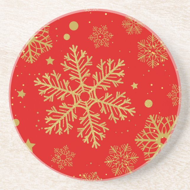 Golden snowflakes on red coaster (Front)