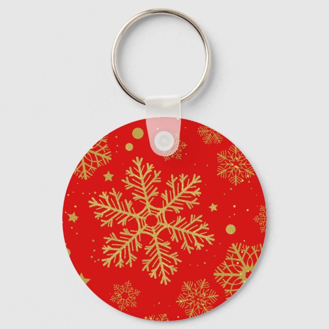 Golden snowflakes on red key ring (Front)