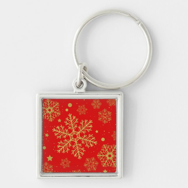 Golden snowflakes on red key ring (Front)