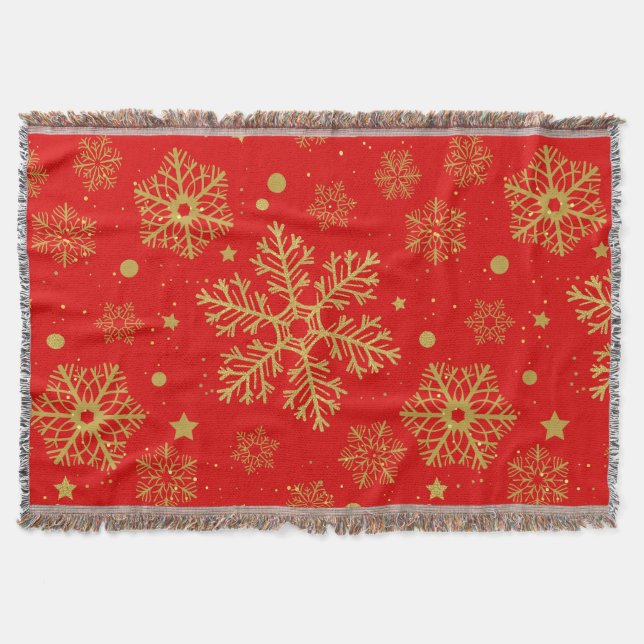 Golden snowflakes on red throw blanket (Front)