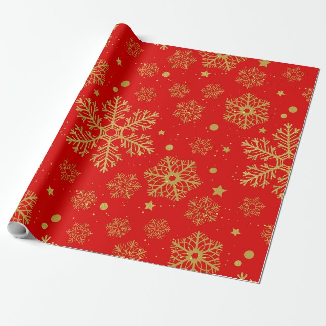 Golden snowflakes on red wrapping paper (Unrolled)