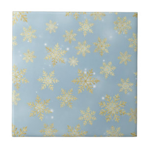 Golden Snowflakes on Sky Blue – Elegant Winter Ceramic Tile