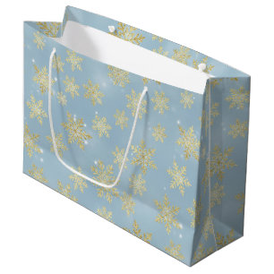 Golden Snowflakes on Sky Blue – Elegant Winter Large Gift Bag