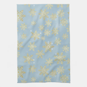 Golden Snowflakes on Sky Blue – Elegant Winter Tea Towel