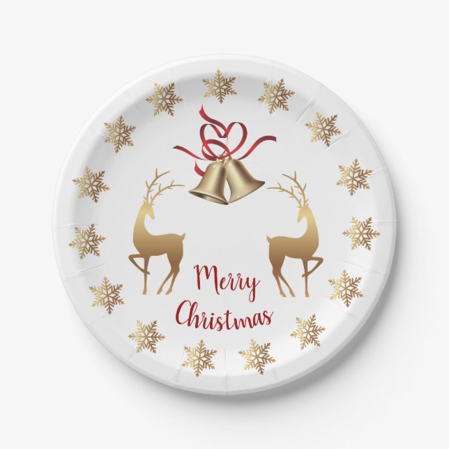 Golden snowflakes, reindeer, Christmas bells Paper Plate (Front)