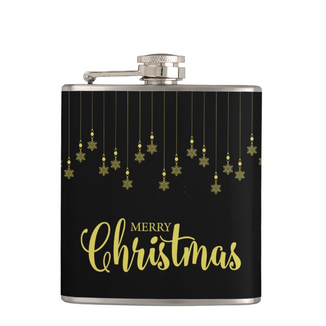 Golden Snowflakes with  Christmas Quote on Black Hip Flask (Front)