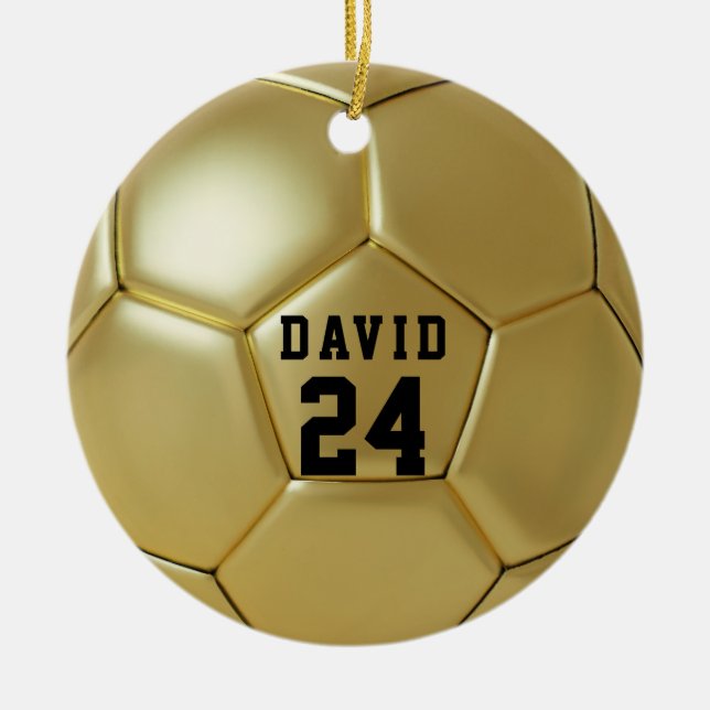 Golden Soccer Ball Personalised Name Team Number Ceramic Ornament (Front)