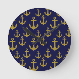 Golden Sparkle Anchor Navy Blue Sailing Nautical Round Clock