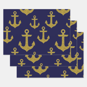 Golden Sparkle Anchor Navy Blue Sailing Nautical Wrapping Paper Sheet