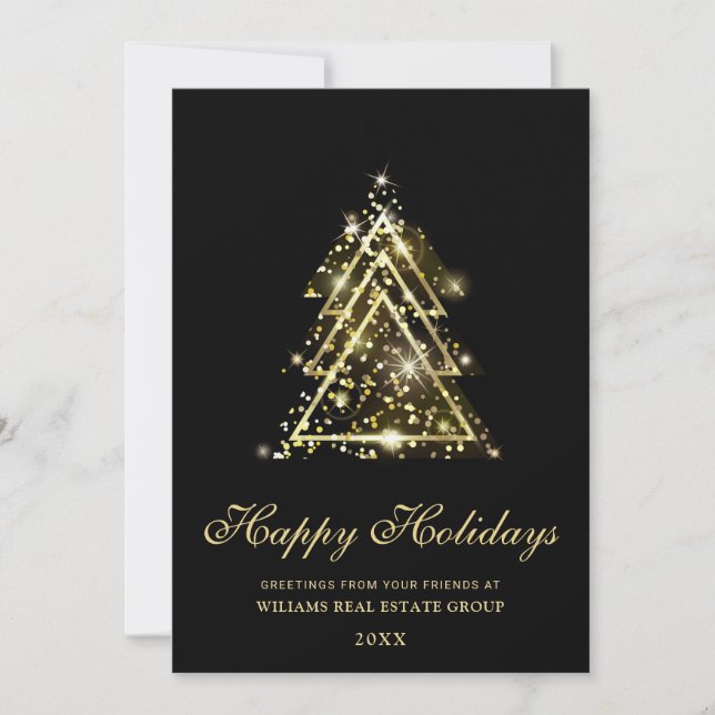 Golden Sparkle Christmas Tree Corporate Greeting Holiday Card (Front)