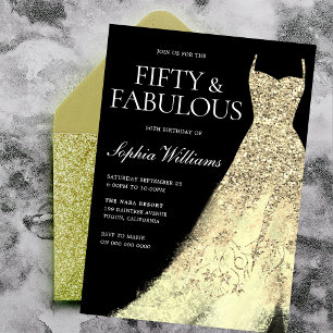 Golden Sparkle Dress Black 50th Birthday Party Invitation
