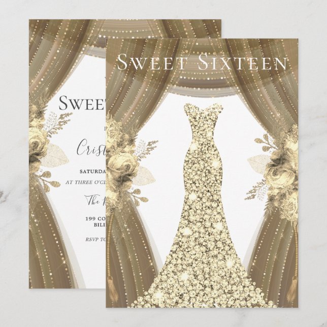 Golden Sparkle Dress & Flowers Sweet 16 Party Invitation (Front/Back)