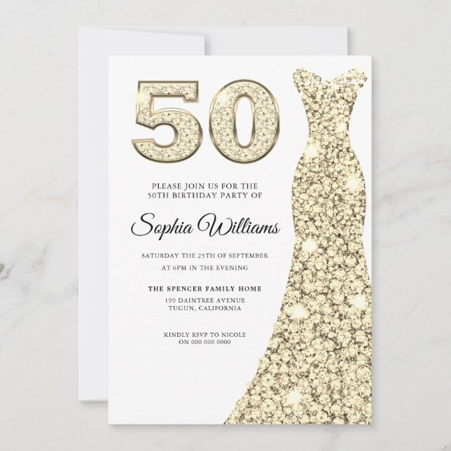 Golden Sparkle Dress Womans 50th Birthday Party Invitation (Front)