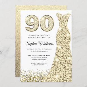 Golden Sparkle Dress Womans 90th Birthday Party Invitation