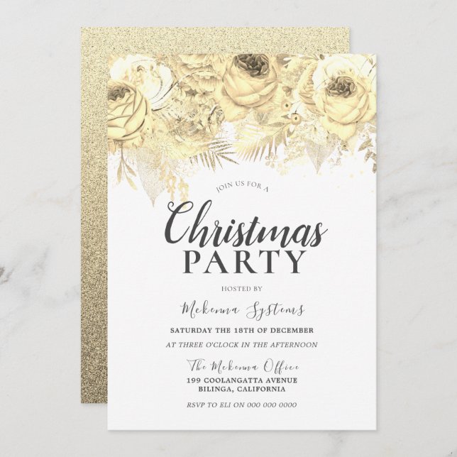 Golden Sparkle Flowers Corporate Christmas Party Invitation (Front/Back)