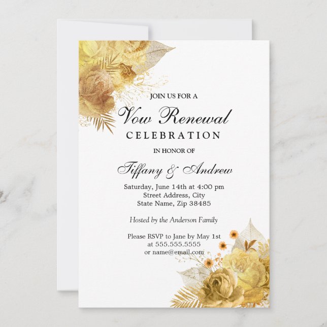 Golden Sparkle Flowers Vow Renewal Invitation (Front)