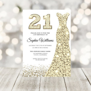 Golden Sparkle Glitter Dress 21st Birthday Party Invitation