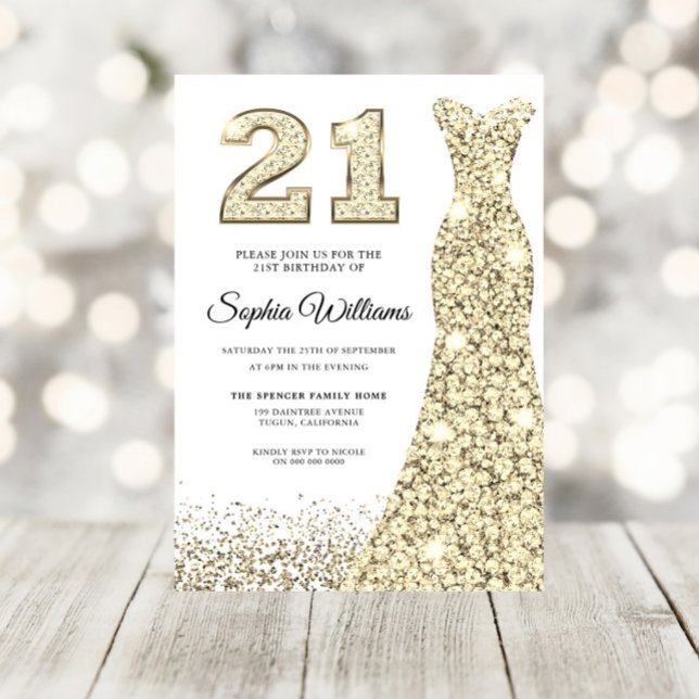 Golden Sparkle Glitter Dress 21st Birthday Party Invitation (Creator Uploaded)